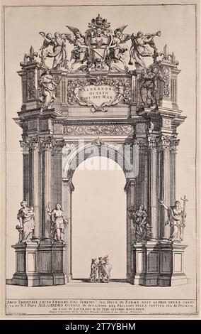Alessandro Specchi (Gravierer) Triumphbogen (Vorderseite) des Herzogs von Parma in Rom anlässlich der Prozession um San Giovanni in Laterano durch Papst Alexander VIII. Am 23. Oktober 1689. Kupferstich auf Papier 1689 , 1689 Stockfoto