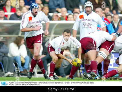 RUGBY - FRANZÖSISCHE MEISTERSCHAFT 2003 - GRENOBLE GEGEN BEGLES-BORDEAUX - 021201 - CHRISTOPHE LAUSSUCQ (BEG) - FOTO LAURENT BAHEUX / FLASH PRESS Stockfoto