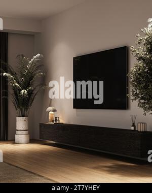 Schicke Wohnzimmerecke mit eingebautem Fernseher und Grün Stockfoto