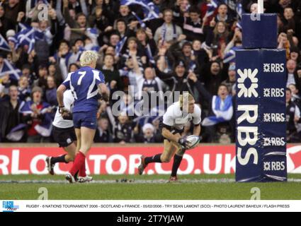 RUGBY - 6 NATIONEN TURNIER 2006 - SCHOTTLAND GEGEN FRANKREICH - 05/02/2006 - TRY SEAN LAMONT (SCO) - FOTO LAURENT BAHEUX / FLASH PRESS Stockfoto