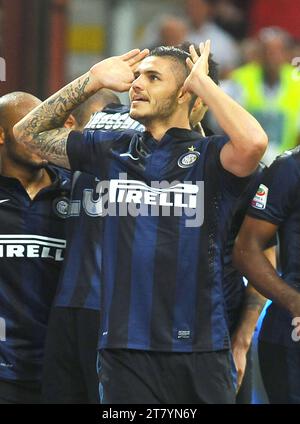 Mauro Icardi vom FC Inter feiert sein Tor während des Fußballspiels Inter gegen Juventus am 14. September 2013 im San Siro Stadion in Mailand. FOTO MASSIMO CEBRELLI / DPPI Stockfoto