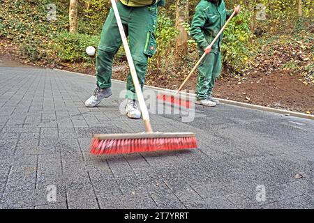 Garten-Landschaftsbau ein Garten- und Landschaftsbaubetrieb hat eine Fläche für den Bau einer Zufahrt fertiggestellt und verfugt die Pflastersteine. *** Garten Landschaftsgestaltung Ein Garten- und Landschaftsbauunternehmen hat einen Bereich für den Bau einer Auffahrt fertiggestellt und verfugt die Pflastersteine Credit: Imago/Alamy Live News Stockfoto