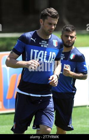 COVERCIANO (FI), ITALIEN - 20. MAI: Thiago Motta und Lorenzo Insigne aus Italien während der ersten Trainingseinheit zur Vorbereitung der Weltmeisterschaft in Brasilien am 20. Mai 2014 in Coverciano (Fi), Italien. Foto: Massimo Cebrelli/DPPI Stockfoto