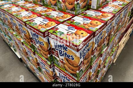 BAXTER, MN - 24. JUN 2023: Little Bites Chocolate Chip Muffins in Boxen, ausgestellt und im Costco Store verkauft. Stockfoto