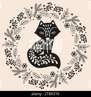 Vektorhandgezeichnete Illustration von Tieren im nordischen Stil Hygge. Fuchs im Blumenkranz im skandinavischen Folk-Stil Stock Vektor