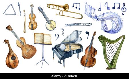 Set von klassischen Musikinstrumenten Aquarellillustration isoliert auf weißem Hintergrund. Handgezeichnetes Klavier, Harfe, Höhenschlüssel. Elemente für eine Musik p Stockfoto