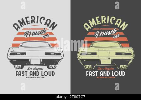 American Muscle Car Vector T-Shirt Design. T-Shirt mit schwarzem und weißem Hintergrund für Oldtimer. Alte bunte Retro-T-Shirt-Grafiken. Stock Vektor