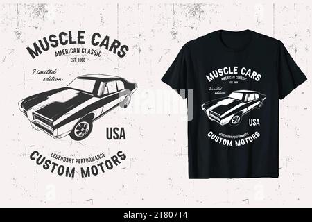 Amerikanisches Muscle Oldtimer-T-Shirt. us Car T-Shirt-Grafik. T-Shirt-Grafik im alten Stil von Oldtimern. Vorlage für Schwarzweißdrucke. Stock Vektor