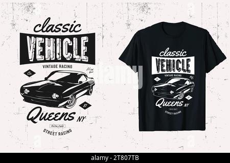 Oldtimer Fahrzeug T-Shirt Design Vektor. Oldtimer New York City Legende. Personalisierbares Cars-T-Shirt für queens. Schwarzweiß-Druckvorlage. Stock Vektor