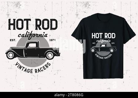 California Hot Rod Vintage-T-Shirt-Grafik. california Cars T-Shirt Vorlage. Drucken Sie Schwarzweiß. Stock Vektor