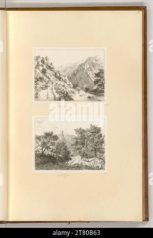 Johann Christoph Erhard (ausführende r Künstler in) Felsenlandschaft auf einem Fluss; Ein Waldweg, eine Turmruine im Hintergrund. Ätzen 1818 , 1818 Stockfoto