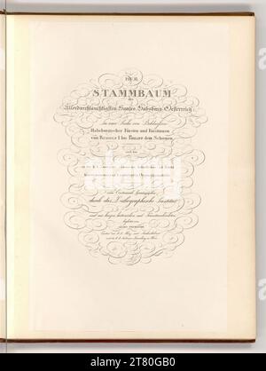 Titleblatt, der Stammbaum des am meisten verworfenen Hauses Habsburg-Österreich. In einer Reihe von Porträts habsburgischer Fürsten und Prinzessinnen von Rudolph I. bis Philipp dem Schönen nach der in der k. k. k. Ambraser Sammlung, die auf Befehl Kaiser Maximilians I. entstanden ist Zum ersten Mal veröffentlicht vom Lithographischen Institut und mit kurzen historischen und künstlerischen Nachrichten begleitet von Alois Primisser. Kustos über das kk-Komitat und antike Schränke und die kk-Ambraser-Sammlung in Wien. Ätzen 1820 , 1820 Stockfoto