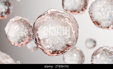 Ätherische Ölblasen für Kosmetika in Wasser. Goldene Flüssigkeitsblasen, Flüssigkeitsströmung. Kollagen, schwimmende Atome, feuchtigkeitsspendende Creme, Hautserum, Vitamin, Be Stockfoto