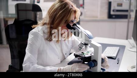 Ärztin und Wissenschaftlerin, die medizinische Forschung im Computerlabor des Krankenhauses durchführt Stockfoto