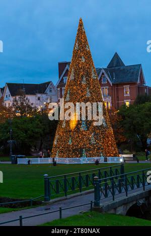 Bournemouth, Dorset, Großbritannien. November 2023. Besucher, Familien und aufgeregte Kinder besuchen Bournemouth Gardens, um das Bournemouth Christmas Tree Wonderland mit mehr als 100 glitzernden Bäumen und Lichtern zu erleben. Einige der Bäume sind thematisch für Städte auf der ganzen Welt gedacht. Bei der Eröffnung dieses Abends können Besucher dem Weg folgen und von jetzt bis zum 1. Januar durch den 60 Fuß langen Walkthrough-Baum spazieren. Quelle: Carolyn Jenkins/Alamy Live News Stockfoto