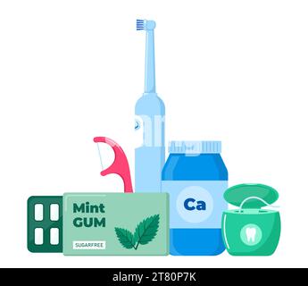 Werkzeuge und Mittel für die Zahnhygiene. Mundpflege- und Hygieneprodukte. Vektorabbildung Stock Vektor