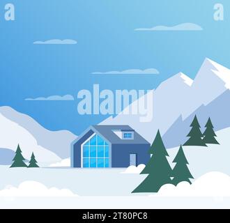 Winter Berglandschaft mit großem Haus für Touristen. Winterurlaub in den Bergen, Skigebiete, Ferienwohnungen. Vektorgrafik flach Stock Vektor
