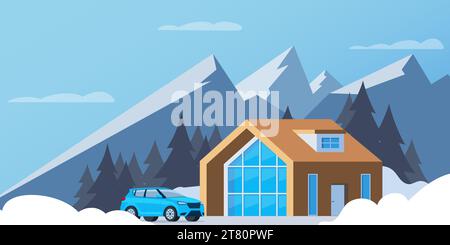 Winter Berglandschaft mit großem Haus für Touristen. Winterurlaub in den Bergen, Skigebiete, Ferienwohnungen. Vektorgrafik flach Stock Vektor