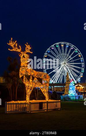 Bournemouth, Dorset, Großbritannien. November 2023. Besucher, Familien und aufgeregte Kinder besuchen Bournemouth Gardens, um das Bournemouth Christmas Tree Wonderland mit mehr als 100 glitzernden Bäumen und Lichtern zu erleben. Einige der Bäume sind thematisch für Städte auf der ganzen Welt gedacht. Bei der Eröffnung dieses Abends können Besucher dem Weg folgen und von jetzt bis zum 1. Januar durch den 60 Fuß langen Walkthrough-Baum spazieren. Quelle: Carolyn Jenkins/Alamy Live News Stockfoto