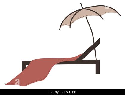 Sonnenliege mit rotem Handtuch und Sonnenschirm. Vektorillustration in Pastellfarben Stock Vektor