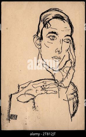 Egon Schiele (Verfasser in) Postkarte von Egon Schiele an Heinrich Benesch vor dem 17. Juni 1915 (mit Motiv der Schiele-Zeichnung „der Dichter Hans Flesch von Brunningen“). Bleistift 1915 , 1915 Stockfoto