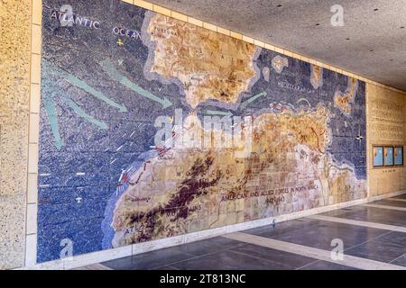 Nordafrika Amerikanischer Friedhof, Karthago, Tunis, Tunesien. März 2023. Karte mit Schlachten auf dem Nordafrika-amerikanischen Friedhof in Karthage. Stockfoto