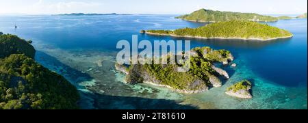Die unglaublich malerischen Inseln von Penemu sind von wunderschönen Korallenriffen umgeben. Diese Inseln in Raja Ampat unterstützen eine große Vielfalt an Biodiversität. Stockfoto