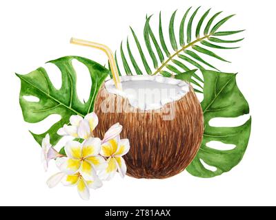 Weiße Frangipani, grüne Monstera, Palmblätter Illustration. Handgezeichnetes Aquarell-Clip-Art von exotischen Blumenklemmen. Tropische Malerei für die Hochzeit Stockfoto