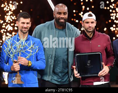 Novak DJOKOVIC von Serbien und Grigor DIMITROV von Bulgarien während der Rolex Paris Masters, ATP Masters 1000 Stockfoto