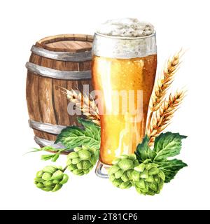 Holzfässer mit Bier, Glas und frischem grünen Hopfen und Ähren von Weizen und Gerste,. Handgezeichnete Aquarellillustration, isoliert auf weißem Hintergrund Stockfoto