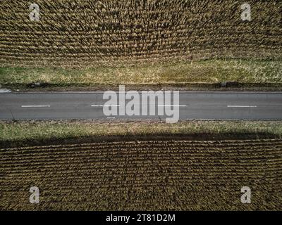 Dieses Drohnenfoto aus der Vogelperspektive zeigt eine gerade Landstraße, die horizontal durch den Rahmen schneidet. Begrenzt über ein Stockfoto