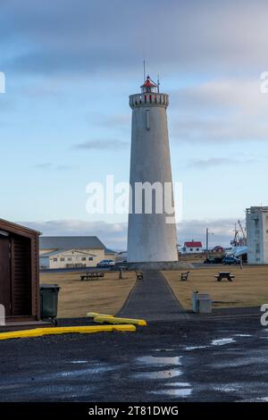 Leuchtturm auf Gardskagi im Südwesten Islands Reykjanes-Halbinsel Stockfoto