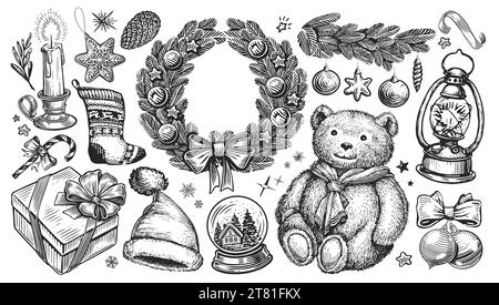Happy Holidays Konzept, Skizze. Handgezeichnete Illustration für Weihnachten oder Neujahr Dekoration Stockfoto