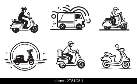 Mitarbeiter, der mit dem Lieferrad unterwegs ist, handgezeichneter Umriss. Motorrad und Business, Kurier, Roller Konzept. Illustration von Vektorskizzen für Druck, Web, Mobilgeräte und Infografiken auf weißem Hintergrund. Stock Vektor