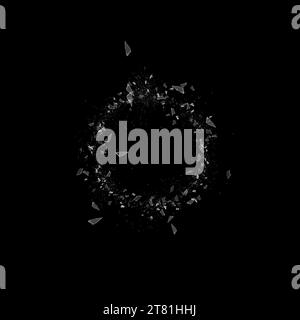 Schwarzes Glas zerbrochen: scharfe Stücke und Loch auf schwarzem Hintergrund Stockfoto