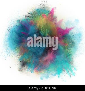 Abstrakter pulverbespritzter Hintergrund. Bunte Pulverexplosion auf weißem Hintergrund. Farbige Wolke. Bunter Staub explodiert. Lack Holi. Stockfoto