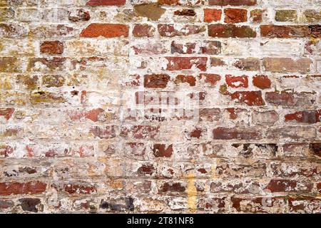 Alte gemalte und versehrte rote Ziegelwand Stockfoto