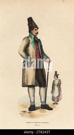 Mann und Frau von Schliersee, Bayern, Deutschland, 19. Jahrhundert. Mann mit hohem konischem Hut, Gehrock, Weste, Hosen und Schuhen. Homme et femme du Schlirsee (Baviere). Handkolorierter Holzschnitt aus Auguste Wahlen's Moeurs, Usages et Kostüumes de tous les Peuples du Monde, (Manners, Customs and Kostüumes of all the People of the World) Librairie Historique-Artistique, Brüssel, 1845. Stockfoto