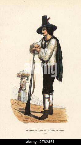 Jägerin und Frau aus dem Zillertal, Tirol, Österreich. Huntsman mit konischem Hut, Hemd, Lederhose, Stiefeln, mit Gewehr. Chasseur et femme de la Vallee de Ziller (Tirol). Handkolorierter Holzschnitt von R. King aus Auguste Wahlen's Moeurs, Usages et Kostüumes de tous les Peuples du Monde, (Manners, Customs and Kostüumes of all the People of the World) Librairie Historique-Artistique, Brüssel, 1845. Stockfoto