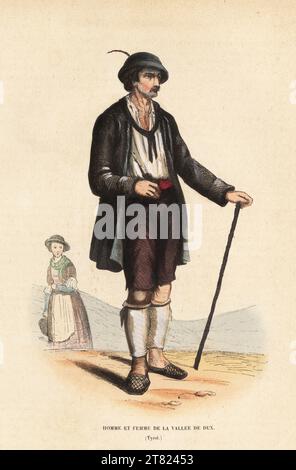 Mann und Frau aus dem Tuxer Tal, Tirol, Österreich. Mann in gefederter Mütze, Mantel, Krawatte, Lederhose, Gamaschen und Schuhen. Homme et femme de la Vallee de Dux (Tirol). Handkolorierter Holzschnitt aus Auguste Wahlen's Moeurs, Usages et Kostüumes de tous les Peuples du Monde, (Manners, Customs and Kostüumes of all the People of the World) Librairie Historique-Artistique, Brüssel, 1845. Stockfoto