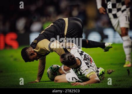 Geny Catamo, Sebastian Perez während des Spiels der Liga Portugal 23/24 zwischen Boavista FC und Sporting CP im Estadio do Bessa Seculo XXI, Porto, Portugal. (M Stockfoto