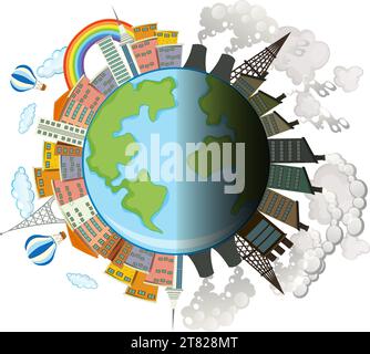 Eine Cartoon-Illustration der Erde, die kontrastierende Seiten unberührter Schönheit und schädlicher Verschmutzung zeigt Stock Vektor