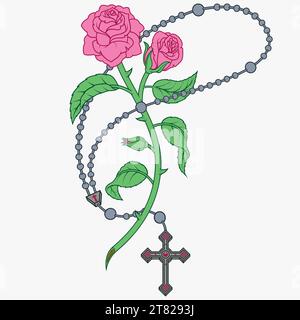 Vektordesign katholischer Rosenkranz mit Rosen und Blütenblättern, Symbol der katholischen Religion Stock Vektor