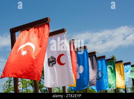 Flaggen der 16 großen Türkischen Imperien in der Geschichte Stockfoto