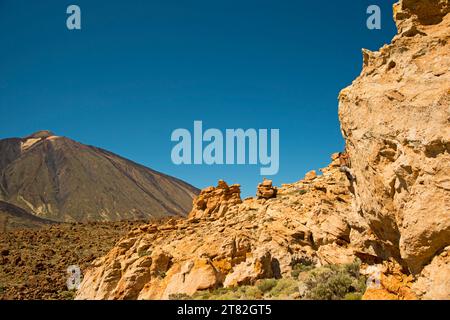 Kletterer am Piedras Amarillas, dahinter der Pico de Teide, 3718 m, Teide Nationalpark, Teneriffa, Kanarische Inseln, Spanien Stockfoto