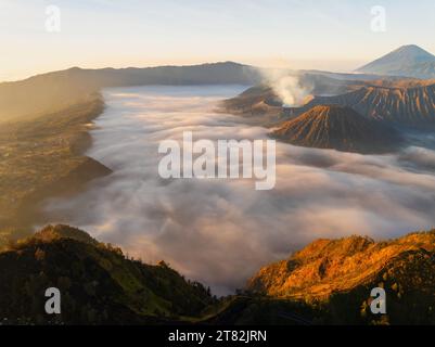 Aus der Vogelperspektive wunderschöne Landschaft des Mount Bromo National Park von der Spitze des King kong Hügels, herrliche Aussichtslandschaft in indonesien, wunderschön Stockfoto