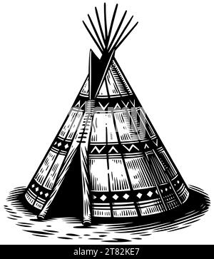 Linolschnitt-Illustration von indianischen Tipi mit dekorativen Mustern. Stock Vektor