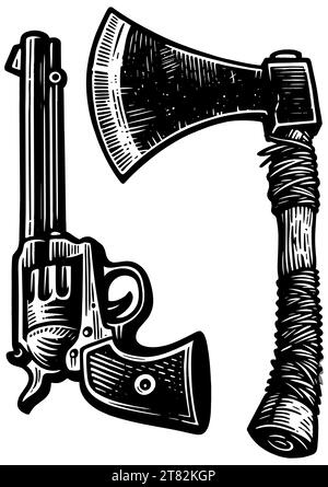 Linolschnitt-Illustration von Revolver und Tomahawk, die alte westliche Waffen symbolisiert. Stock Vektor