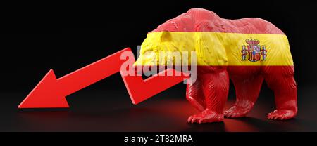 Horizontales Banner eines Bären mit Spanien-Flagge auf leerem schwarzen Hintergrund. Bild mit absteigendem Pfeil, das die spanische Bärenbörse darstellt. Stockfoto
