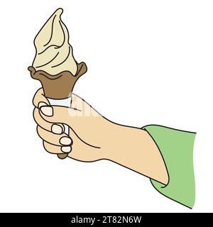 Nahaufnahme Hand hält Kegel Vanilleeis Illustration Vektor Hand gezeichnet isoliert auf weißem Hintergrund Stock Vektor